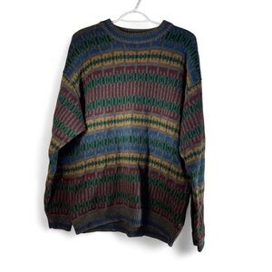 Men's Multicolor Patterned Crewneck Sweater - Green/Navy/Burgundy
